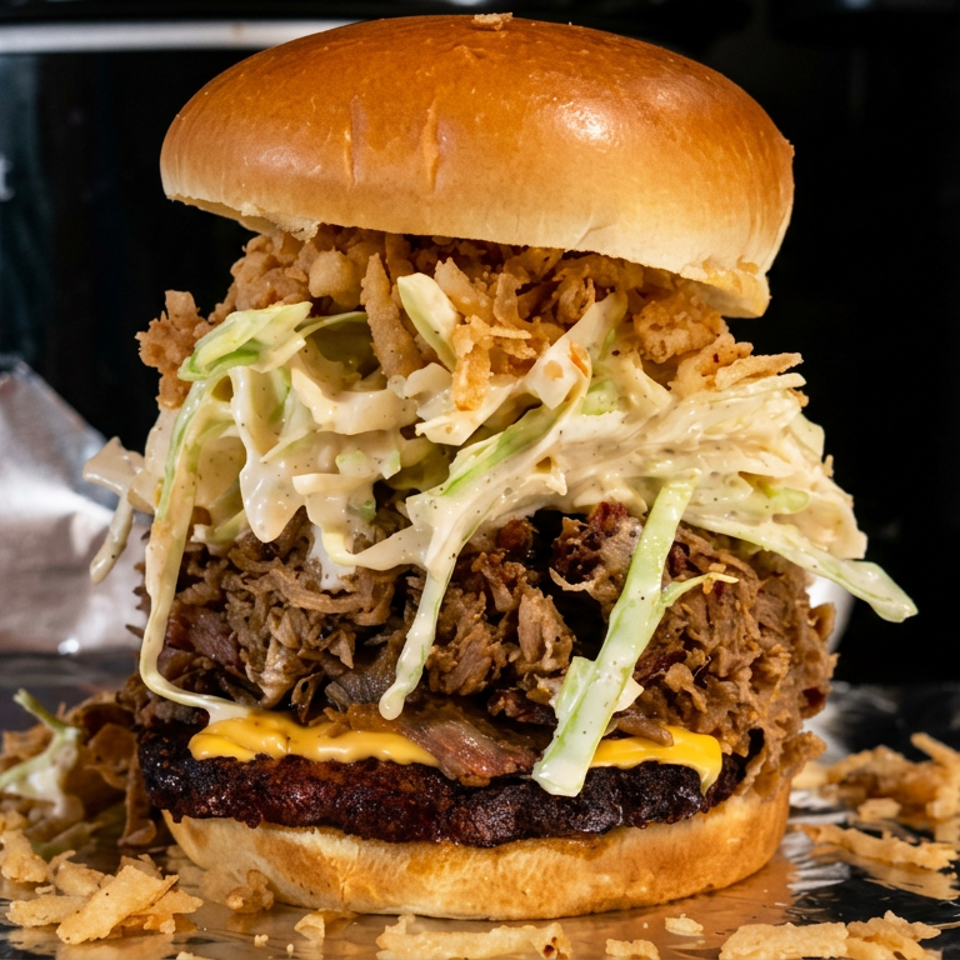 Loaded burger with grilled patty, orange cheese, crispy fried onions, and creamy cabbage slaw on a foil-lined surface.