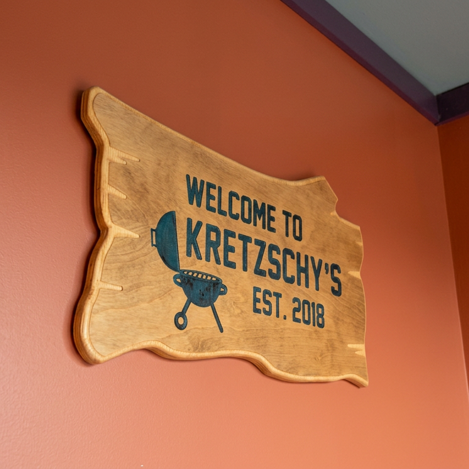 Wooden sign reading “Welcome to Kretzschy’s, Est. 2018,” featuring a charcoal grill illustration on a terracotta wall.