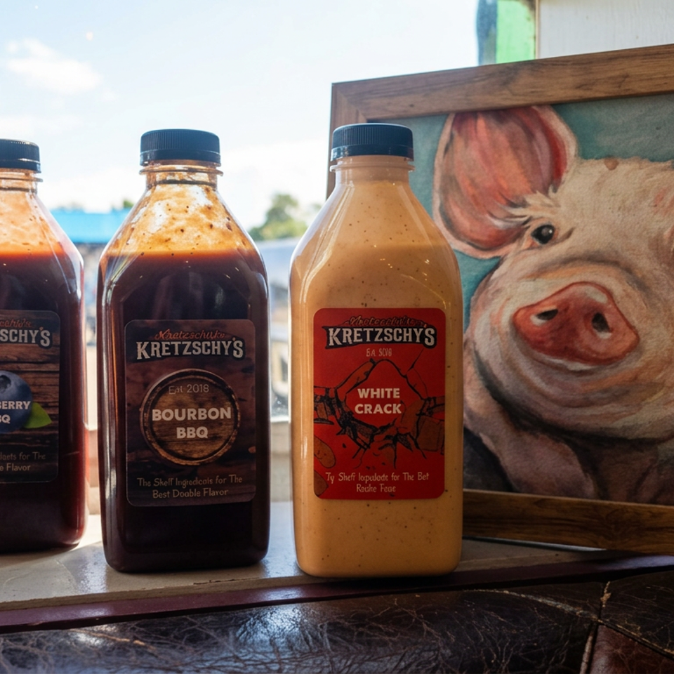Three Kretzschy’s barbecue sauce bottles—blueberry, bourbon, and white crack—stand beside a framed pig painting.