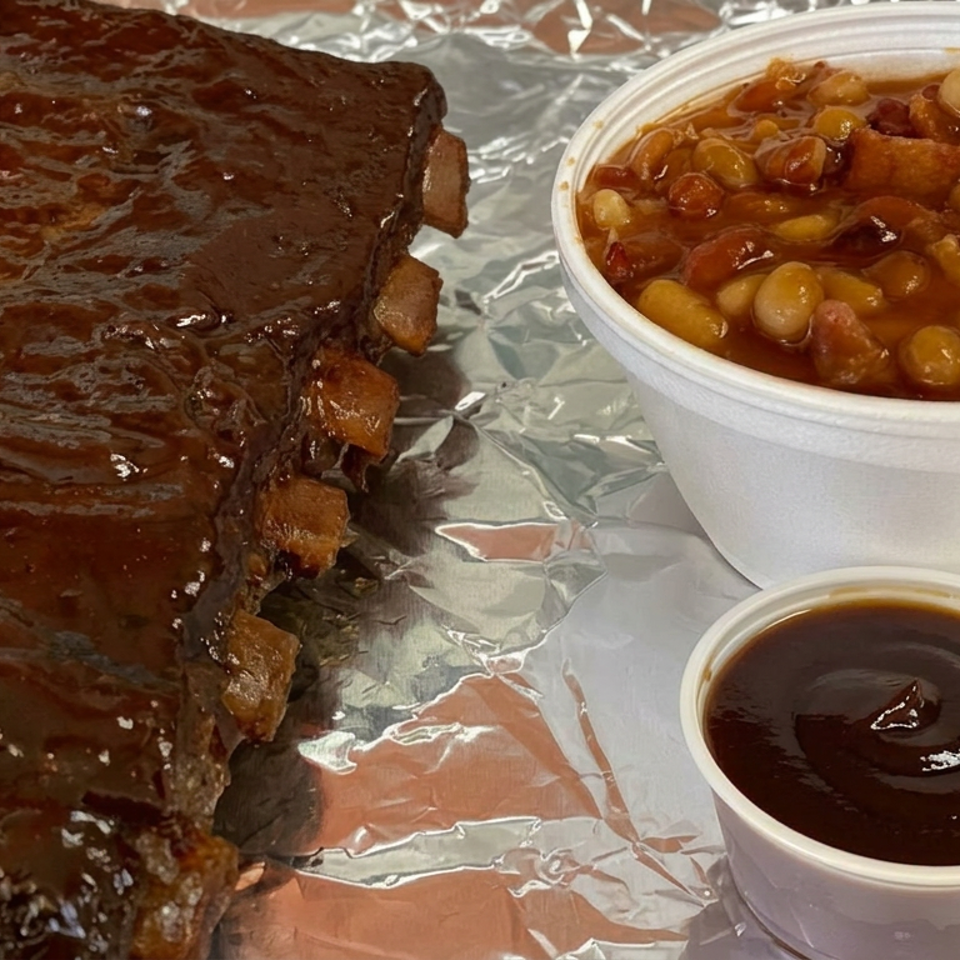 Glazed barbecue ribs served with baked beans and a cup of dark barbecue sauce on foil.