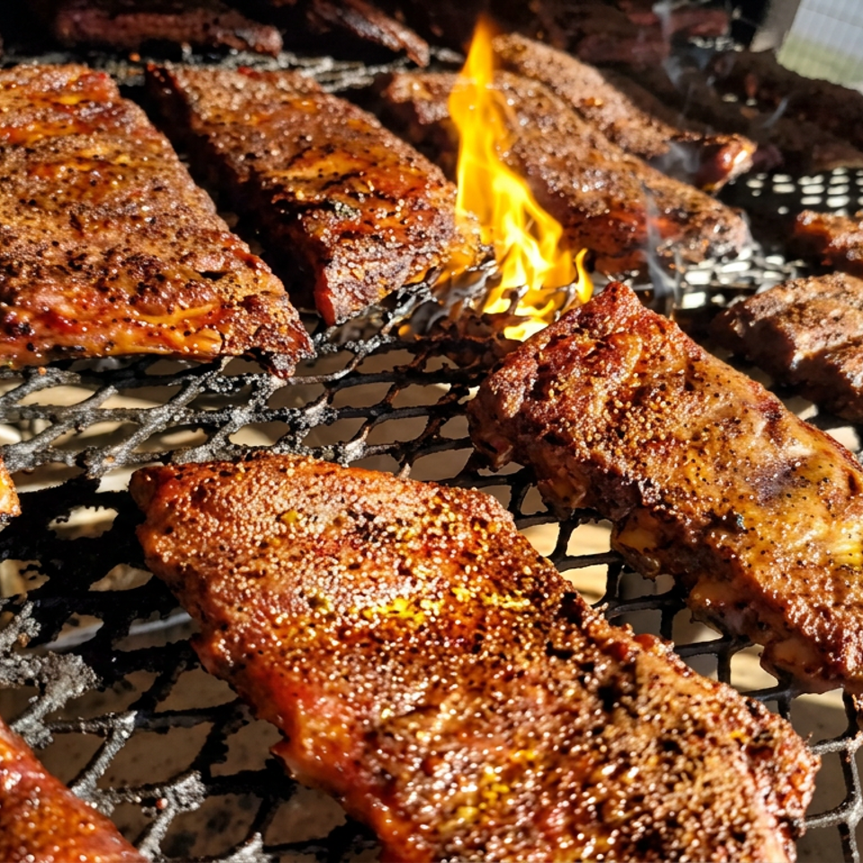 Seasoned ribs grilling over hot coals, with flames rising between the browned, caramelized pieces of meat.