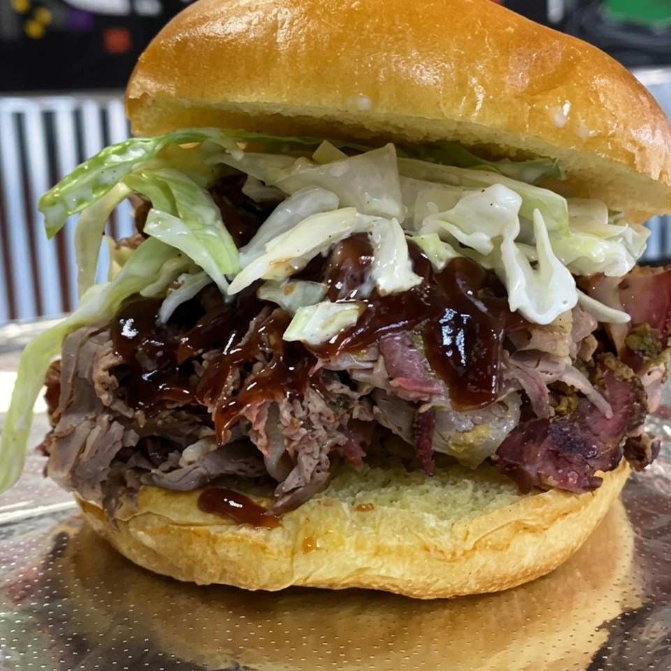 Pulled beef sandwich with barbecue sauce, shredded lettuce, onions, and bacon on a glossy bun.