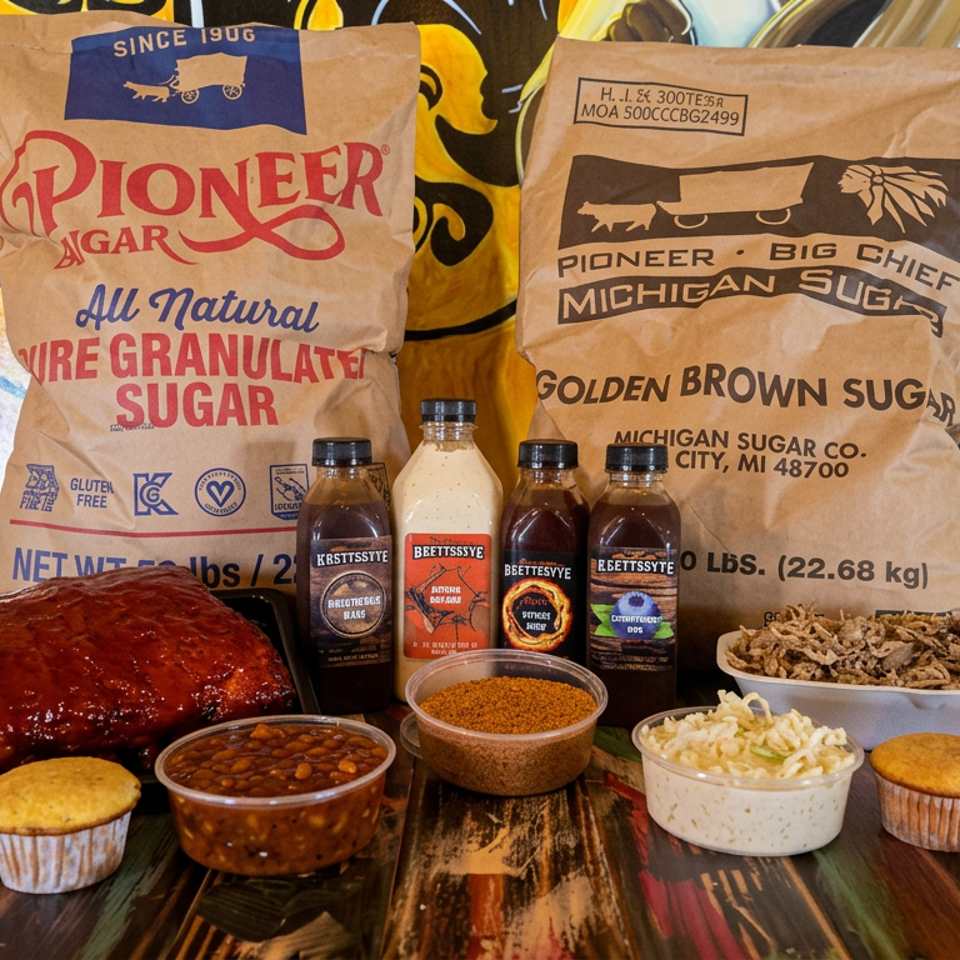 Pioneer sugar bags stand behind barbecue ribs, sauces, beans, crispy toppings, slaw, and cupcakes on a wooden table.