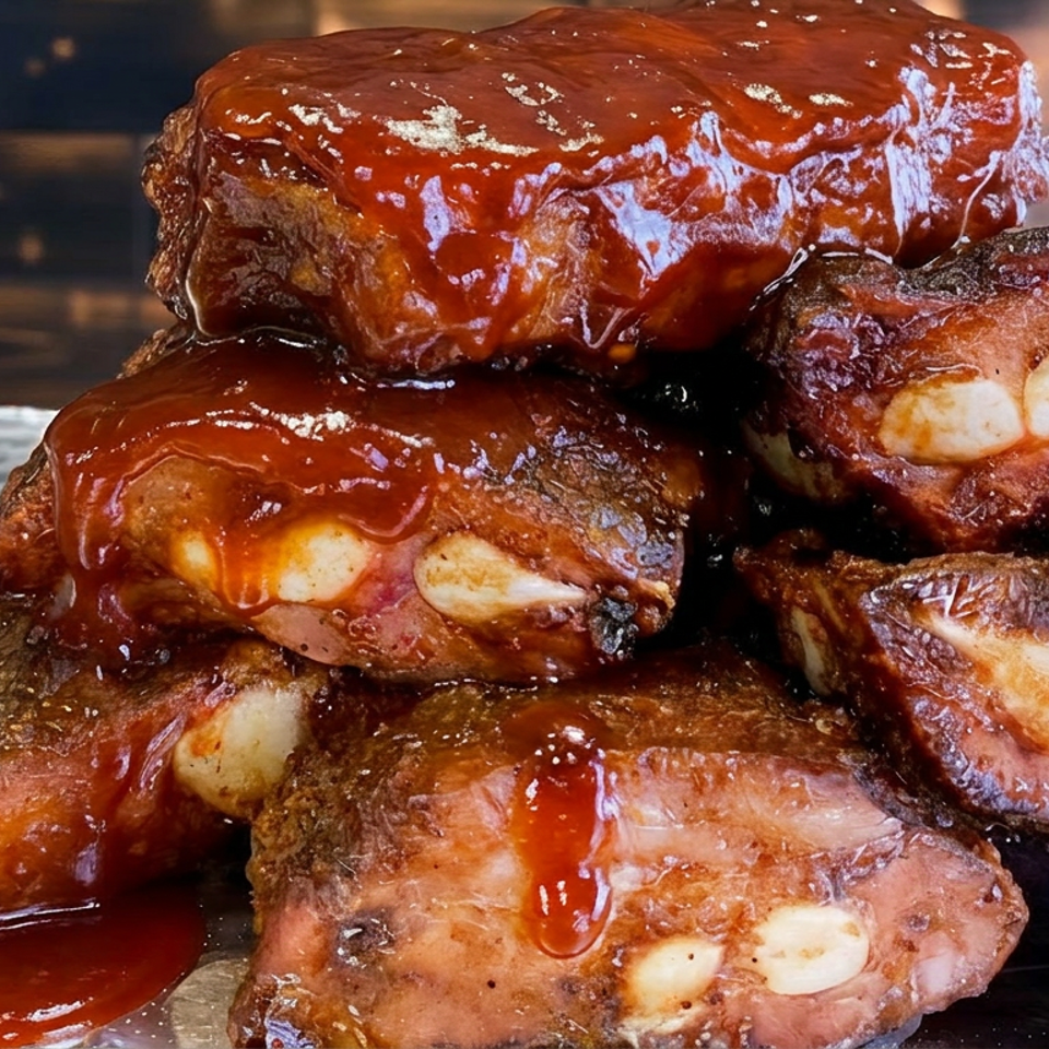 Stack of tender barbecue ribs coated in glossy reddish-brown sauce, with exposed bones and sauce pooling on foil.