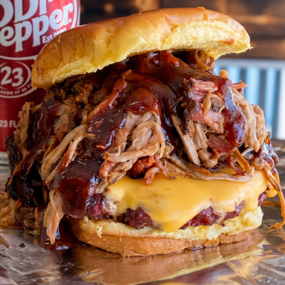 Pulled pork barbecue burger with melted cheddar, crispy onions, and barbecue sauce served on foil beside a Dr Pepper.